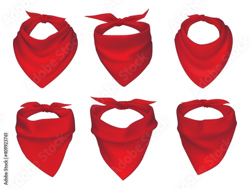 Red neck scarves, bandanas, neckerchiefs and handkerchiefs isolated vector set. 3d realistic silk accessories, kerchieves of cowboy, western bandit, pirate or biker with different knots and drapery photo