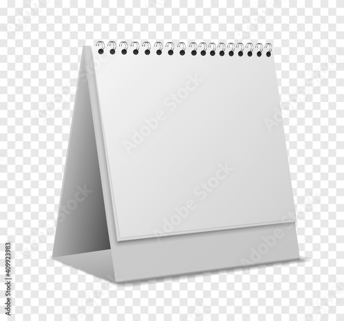 Calendar mockup. Empty realistic organizer with sheets on spiral standing, blank paper pages for messages, desktop office event reminder, stationery template, 3d vector isolated object