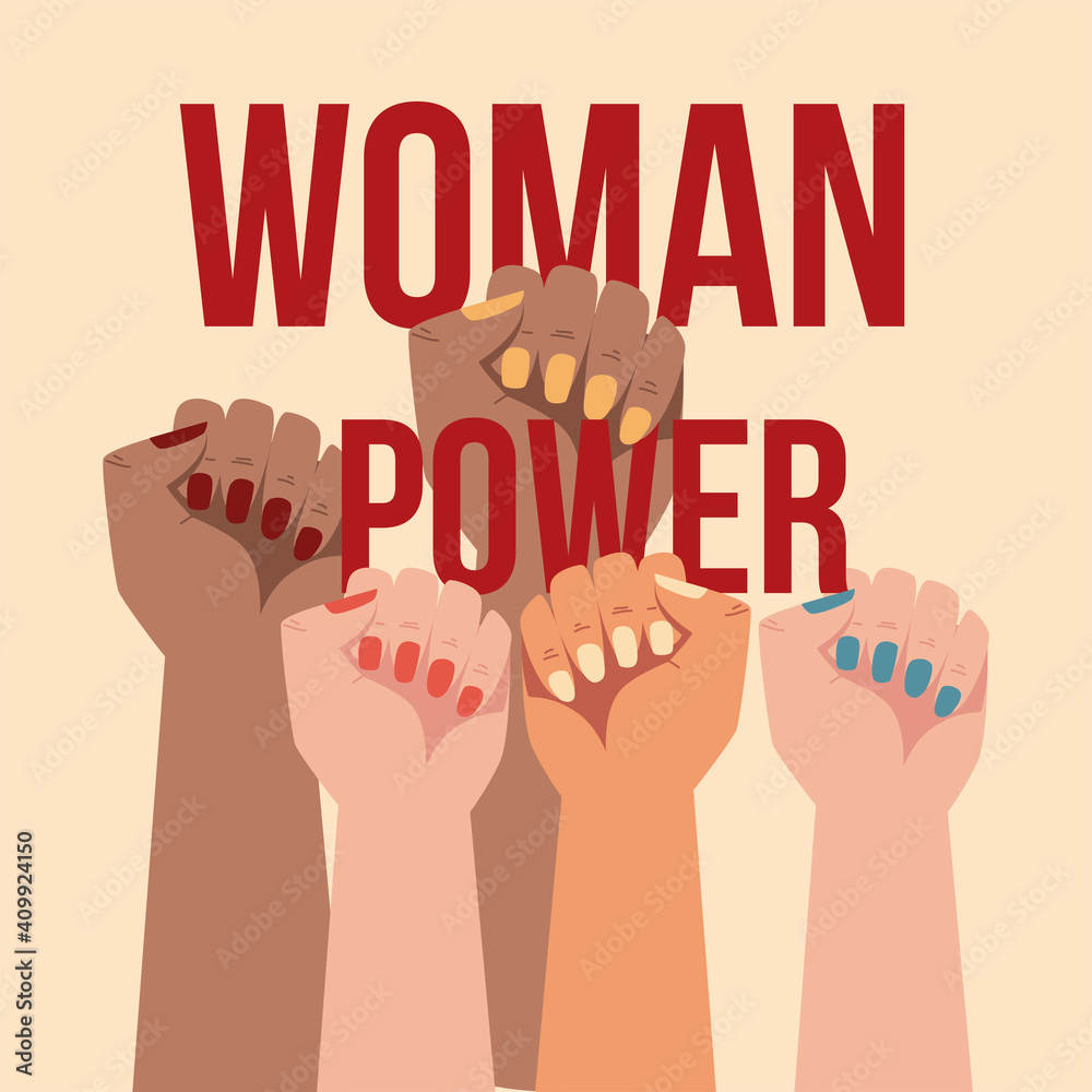 womens day, diverse hands up girl power greeting card womens day, diverse hands up girl power greeting card