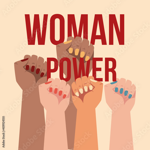 womens day, diverse hands up girl power greeting card