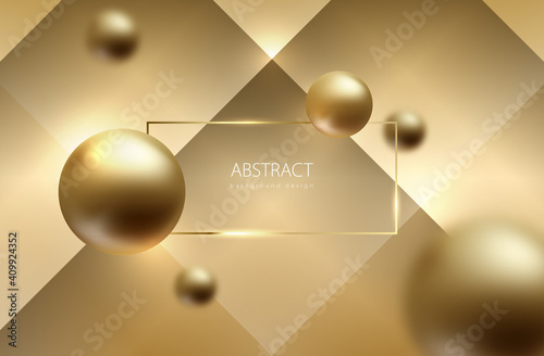 Abstract sphere gold background. Golden balls on volume geometric backdrop. Rectangular frame header. Blured globes. Luxury trendy design for holiday Christmas, New Year party poster or package label