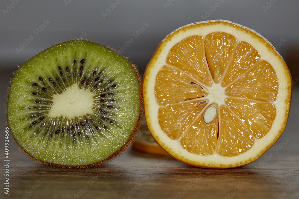 Green kiwi and yellow lemon macro photography Green kiwi and yellow lemon macro photography