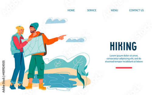 Website banner for Hiking with couple of tourists checking the travel route on map, flat vector illustration. Hiking and camping leisure activity, outdoor adventure.