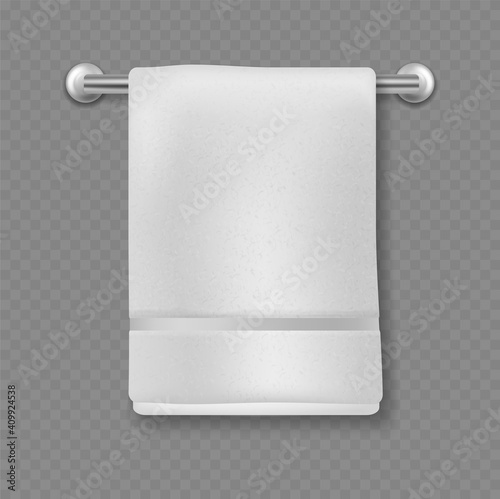 White towel. Realistic bathroom cotton textile. Clean bathroom kitchen or beach luxury towels hanging on hanger, personal hygiene 3d vector isolated on transparent background illustration