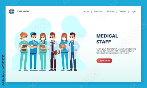 Medical staff landing page. Male and female doctors and nurses characters in protective masks concept, clinic or hospital homepage template, healthcare website design vector illustration