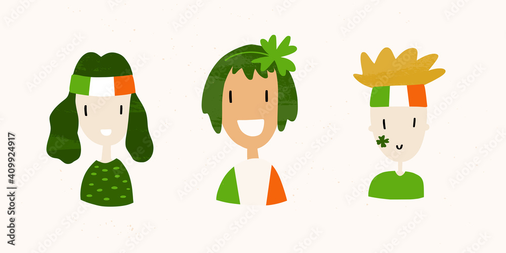Young people wearing Irish flag outfit and clover leaf accessorise for St. Patrick’s day party. Vector hand drawn clipart with happy smiling characters.