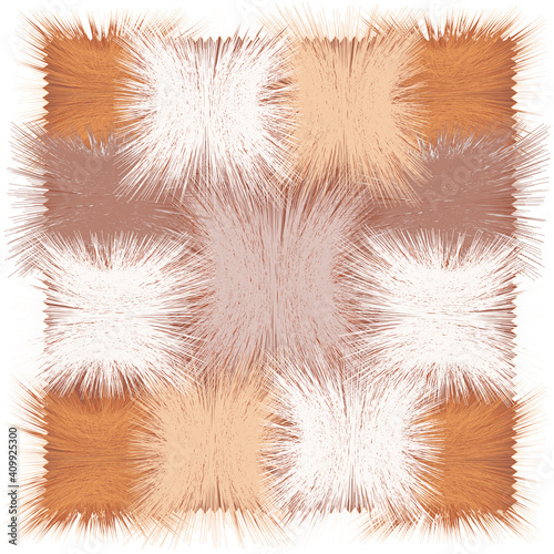 Shaggy mat,carpet, rug, tapestry, plaid with grunge striped square elements in beige, brown, white colors isolated on white