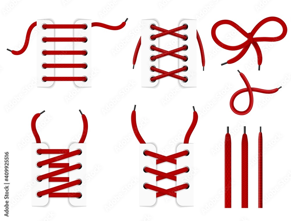 Realistic shoelace. 3d footwear or clothing lacing collection, different  weaving textures types, red shoe tied knot and bow, crossover, parallel and  zigzag. Vector isolated set Stock Vector | Adobe Stock