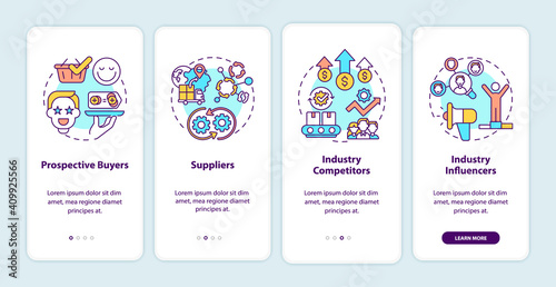 Co-creation participants onboarding mobile app page screen with concepts. Prospective buyers, suppliers walkthrough 4 steps graphic instructions. UI vector template with RGB color illustrations