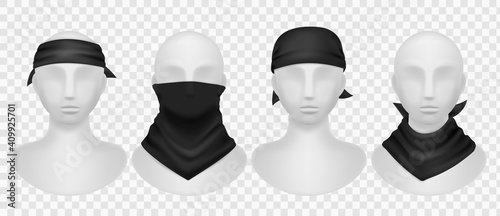 Realistic black bandana. Mannequins mockup with dark kerchief, wearing options buffs, scarves and neck clothes. Modern unisex accessory for head and hair, vector isolated templates set