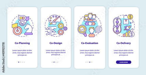 Co-production elements onboarding mobile app page screen with concepts. Co-planning, co-design, co-evaluation walkthrough 4 steps graphic instructions. UI vector template with RGB color illustrations