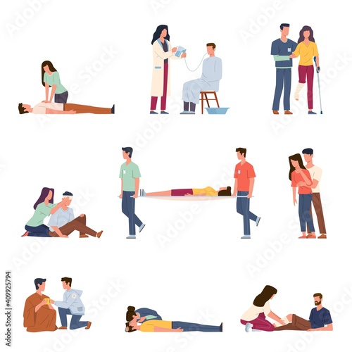 First medical aid. Emergency help people in situations health threat, artificial respiration, gastric lavage, chest compressions. Reanimation and resuscitation. Vector flat isolated set