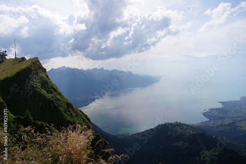 Lake Geneva in Switzerland seen from a scenery mountain perspective on a sunny day