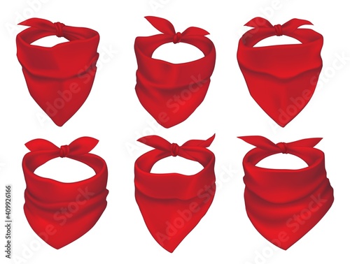 Red bandanas, face mask or neck scarfs mockup. Cowboy, bandit or protester masks, biker clothing element. Silk headband tied with knot, neckerchiefs with creases 3d realistic vector set