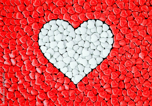 Background from red and white hearts with a heart shape in the center. Valentines Day. 3D rendering and 3D illustration.