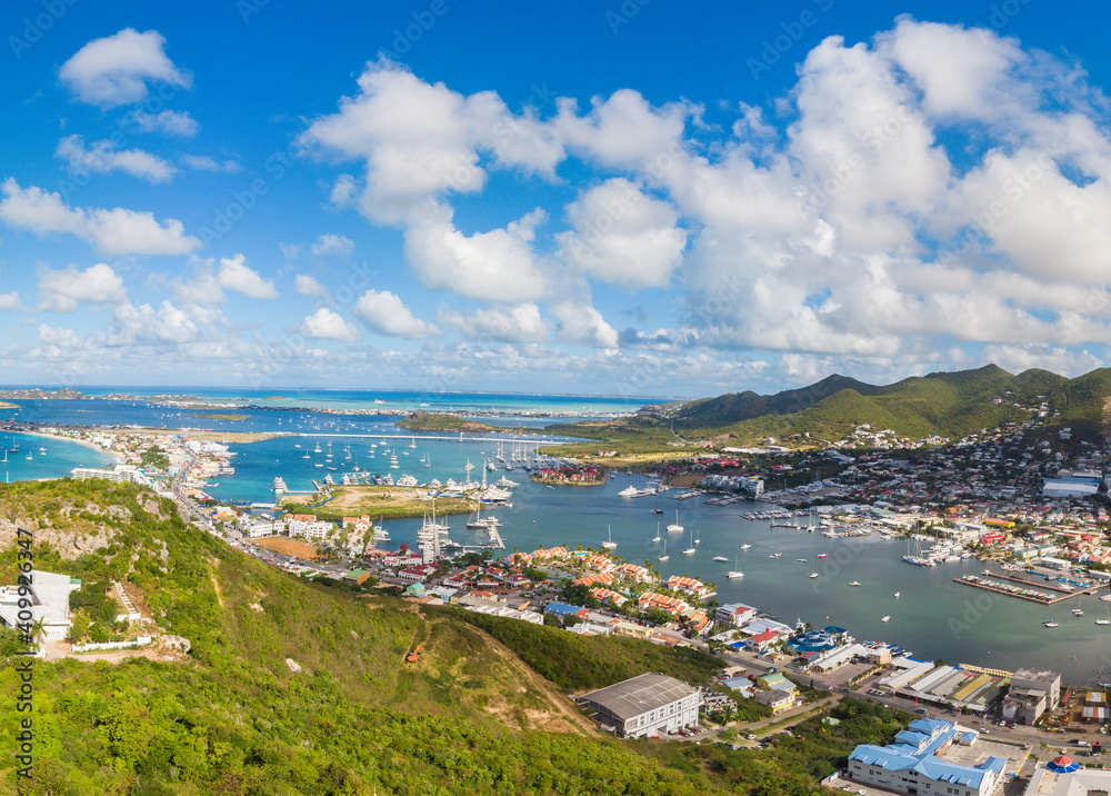Scenic view of the caribbean island of St.maarten. Caribbean island citycsape.