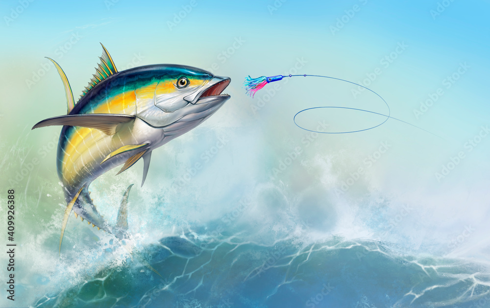 Yellow tuna attacks Bait Sea Swim Squids realistic illustration. Black