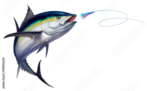 Black fin tuna attacks Bait Sea Swim Squids realistic illustration. Black fin yellow tuna in a jump.
