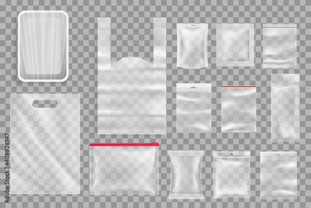 Food products plastic packaging mockups. Polyethylene tray with plastic