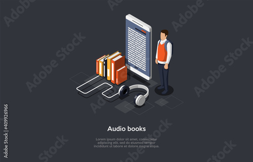 Audio Books Conceptual Illustration. Isometric Vector Composition. Cartoon 3D Style Objects. Dark Background And Writings. Male Character Standing Near Telephone With Text On Screen, Headphones Near