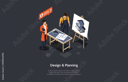 Building Design And Planning Company Concept Illustration. Vector Composition. Isometric Cartoon Art, Cartoon 3D Style. Two Male Characters Working On House Project. Dark Background With Writings