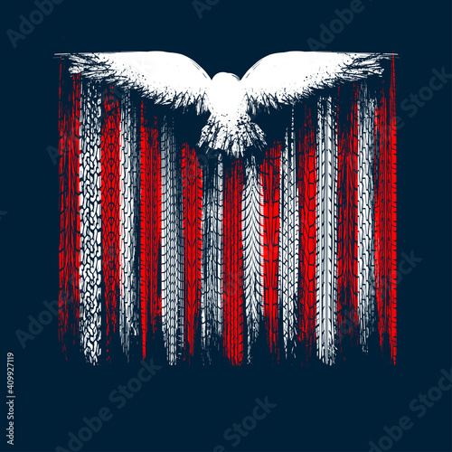 Red and white lines and hawk silhouette