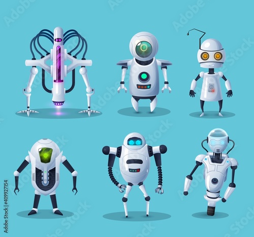 Alien robots, future technology androids cartoon characters set. Robotic life forms, futuristic machines or cyborgs workers with artificial intelligence, claws on hands and glowing neon eyes vector