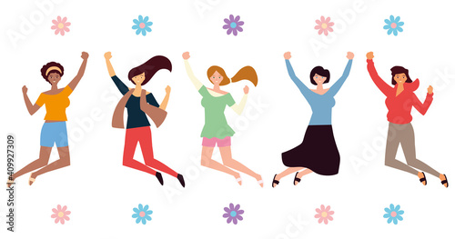 womens day, happy group female character celebrating