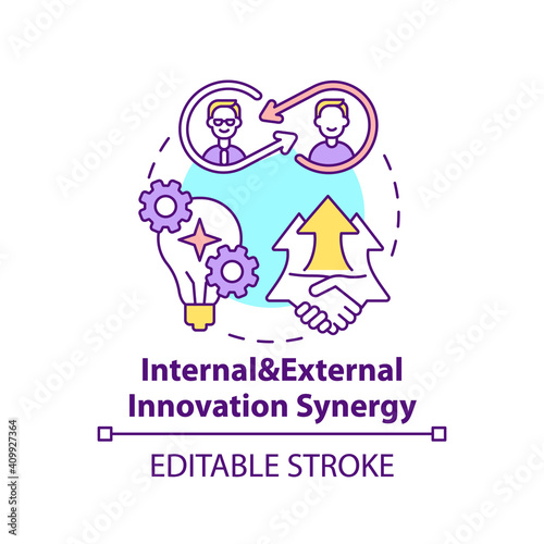 Internal and external innovation synergy concept icon. Open innovation benefits idea thin line illustration. Improvement to product, service. Vector isolated outline RGB color drawing. Editable stroke