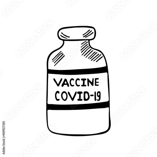 Covid-19 vaccine doodle, a hand drawn vector doodle illustration of a bottle of coronavirus vaccine isolated on white background. Drug ampoule, Vaccination concept with space for text.