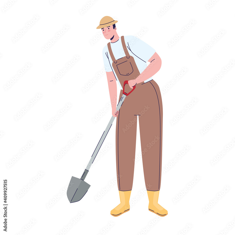 farmer man with shovel avatar character vector illustration design