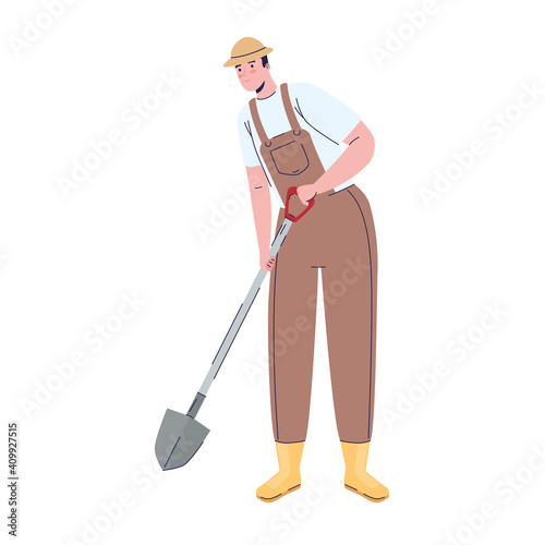 farmer man with shovel avatar character vector illustration design