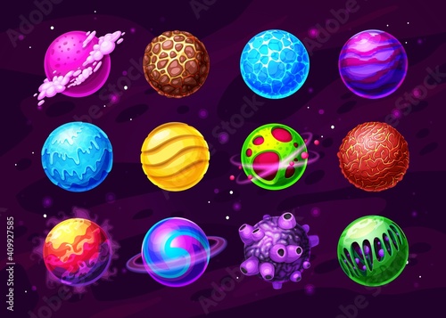 Fantasy planets, alien worlds in deep space cartoon set. Frozen and hot, covered water, ice and lava planets with satellites, asteroid with rocky surface vector icon. UI, GUI interface design elements