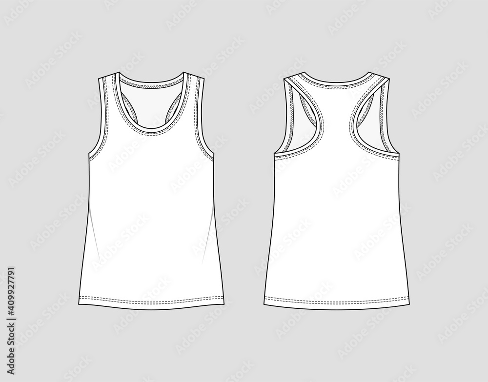 Racer back tank top. Women's sportswear. Activewear t-shirt. Vector  technical sketch. Mockup template. Stock Vector | Adobe Stock