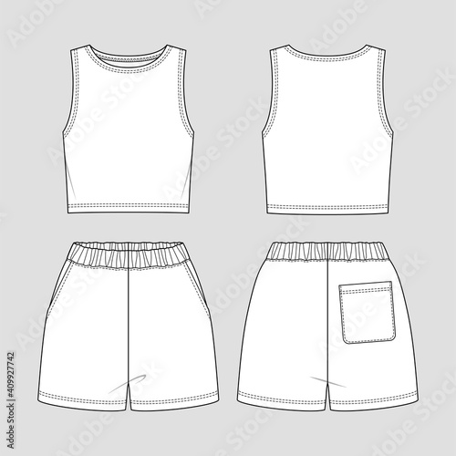 Cropped tank top and shorts. Jersey sporty set. Vector technical sketch. Mockup template.
