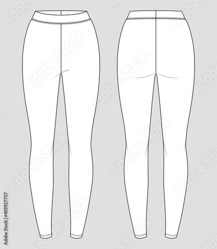 Jersey leggings. Women's sportswear. Activewear trousers. Vector technical sketch. Mockup template.