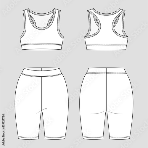 Racerback bralette and legging shorts. Women's sportswear. Activewear set. Vector technical sketch. Mockup template.