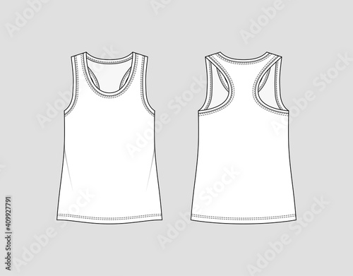 Racer back tank top. Women's sportswear. Activewear t-shirt. Vector technical sketch. Mockup template.