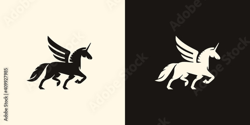 Unicorn logo design, unicorn logo ideas premium vector.  silhouette of a full-body unicorn vector illustration with minimal art.