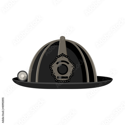 Fireman's helmet with flashlight, black. Isolated color image. Vector illustration