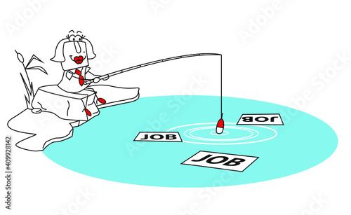 Metaphor of looking for a job.
Karen fishes for pieces of paper with the word Job written on it. It is a metaphor of looking for a job.