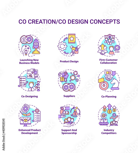 Co-creation concept icons set. Co-design idea thin line RGB color illustrations. Launching new business models. Enhanced product development. Vector isolated outline drawings. Editable stroke