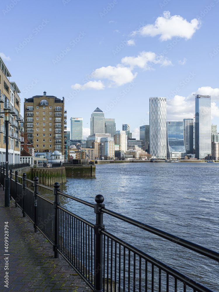 River Thames and Canary Wharf skyline, London, UK River Thames and Canary Wharf skyline, London, UK