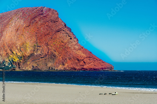 Beach Playa de la Tejita turquoise in Tenerife Canary islands with red mountain photo