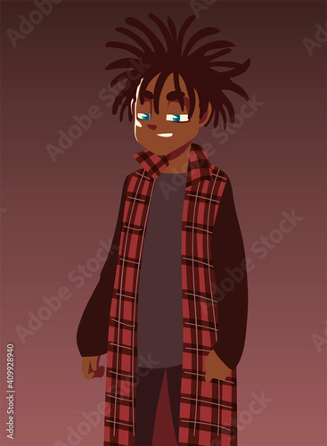 boy with long dreadlocks fashionable clothes, young culture