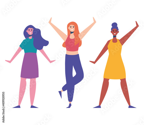 three happy young women characters vector illustration design