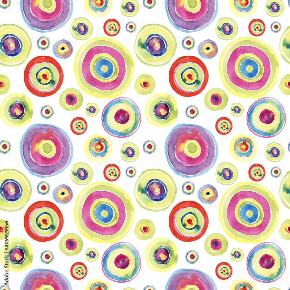 Seamless watercolor pattern for girls. Creative background with abstract forms and colorful circles. Hand drawn Funny wallpaper for textile and fabric. Fashion style in neon colors
