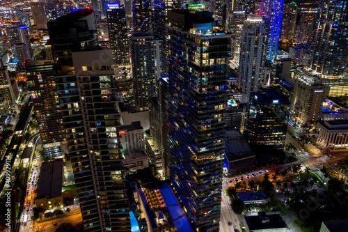 Aerial night photo Brickell Miami city lights