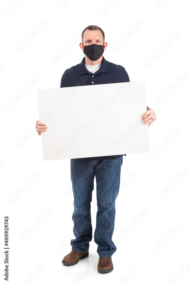 Man Wearing Face Mask Holds Blank White Card Man Wearing Face Mask Holds Blank White Card