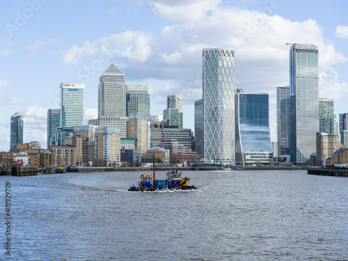 River Thames and Canary Wharf skyline, London, UK